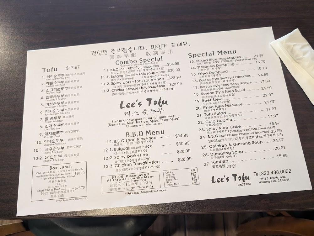 Lee's Tofu Menu image 1